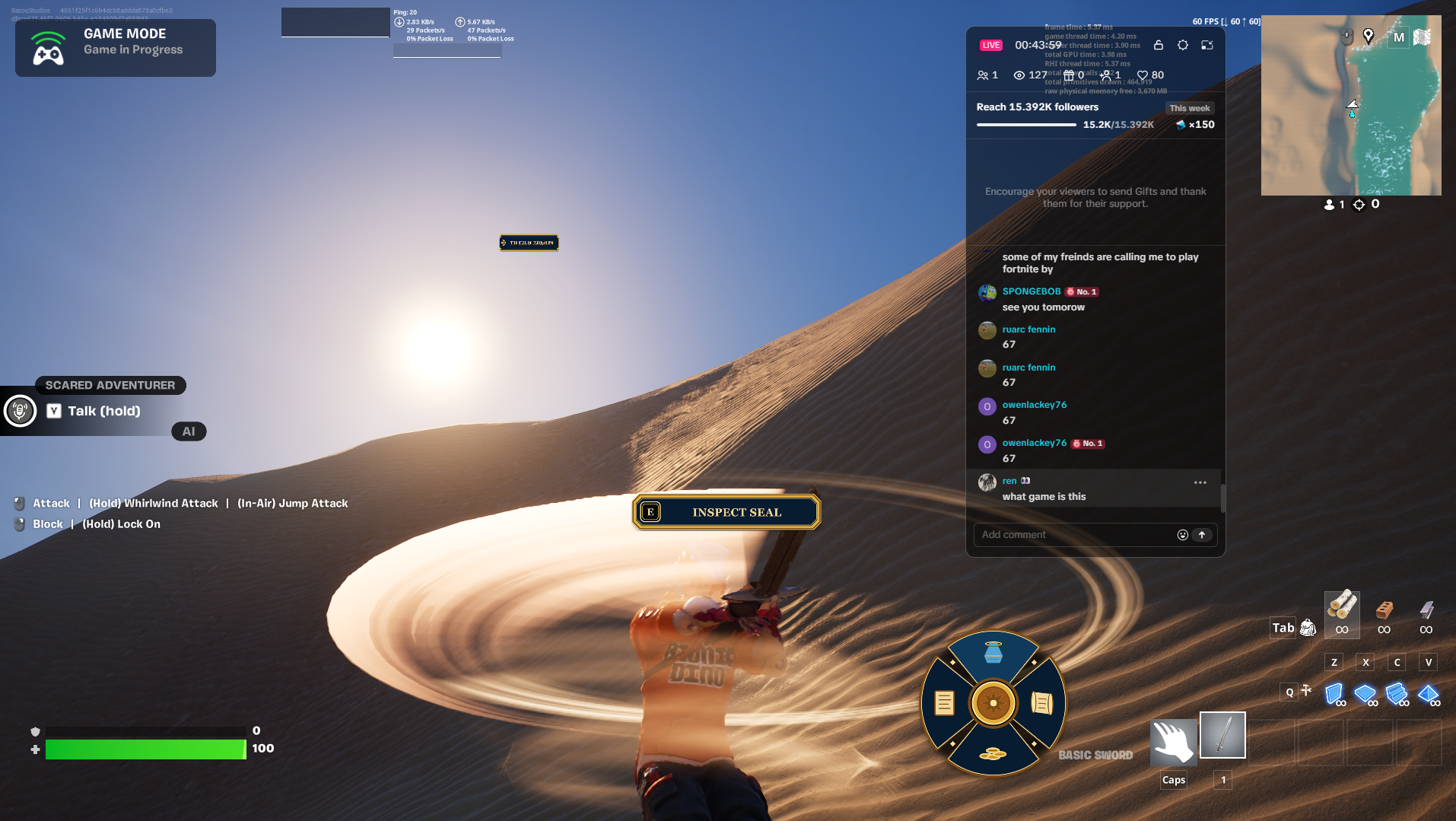 Sand dune combat view with seal interaction prompt