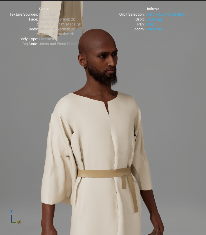 Close view of the character face and tunic detail