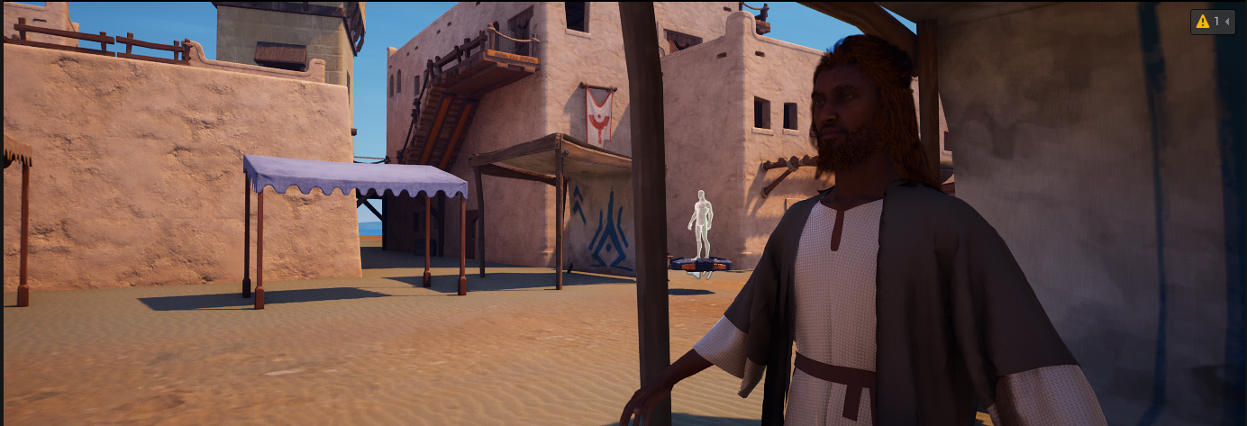 Daytime market gameplay scene with a character in the village